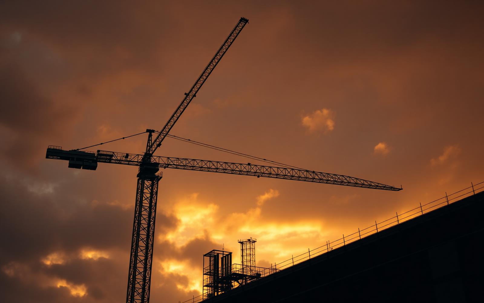 Bouwplaats met torenkraan bij zonsopgang